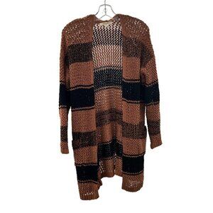 Rewind Women's Open Knit Cardigan Brown/Black Stripe Open Front Size Medium